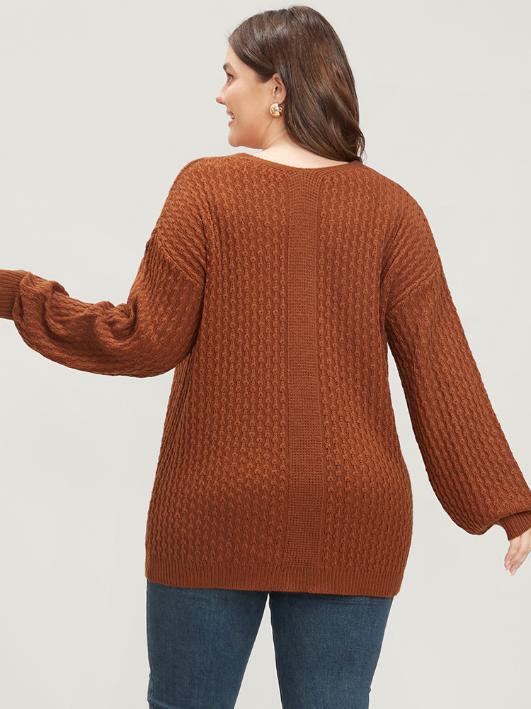 

Plus Size Solid Pointelle Knit Lantern Sleeve Crochet Knit Top Bronze Women Casual Loose Long Sleeve V-neck Dailywear Pullovers BloomChic