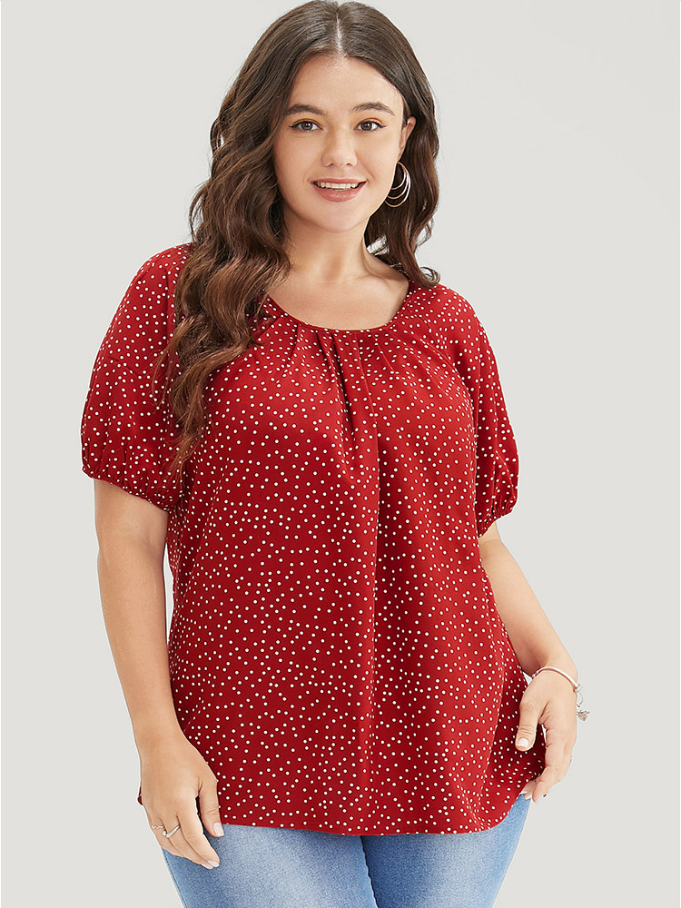 

Plus Size Scarlet Polka Dot Pleated Round Neck Puff Sleeve Blouse Women Office Short sleeve Round Neck Work Blouses BloomChic