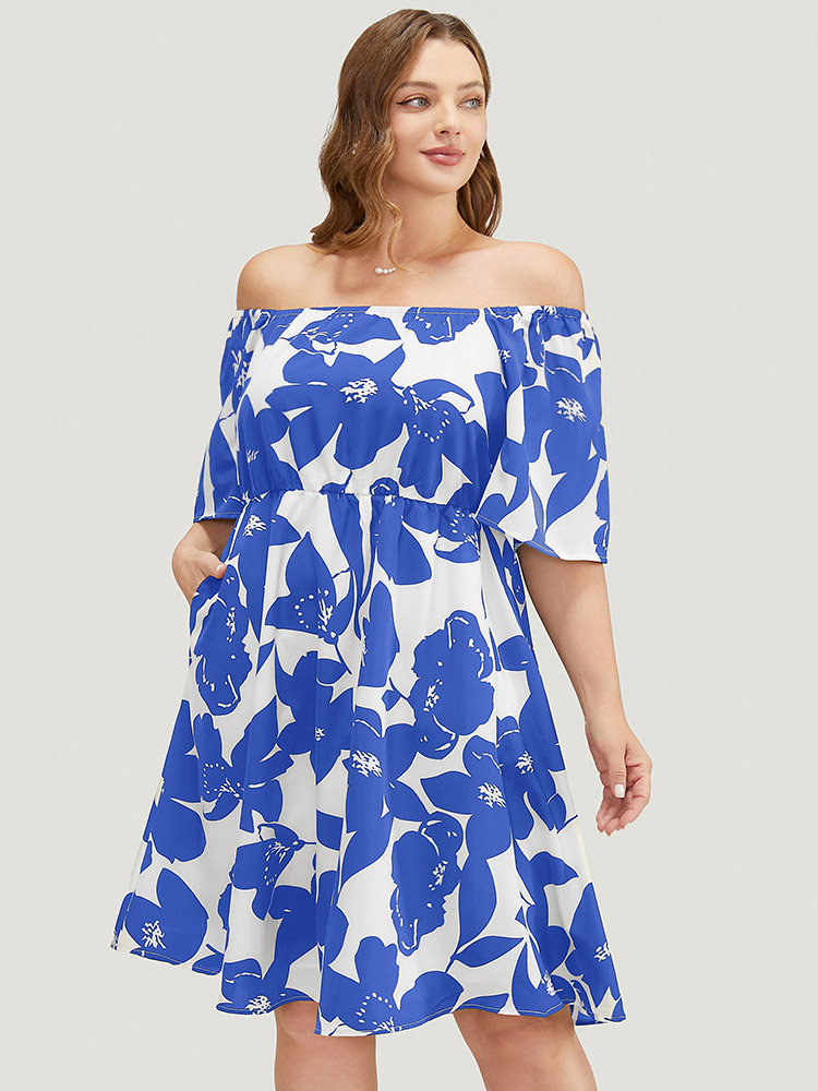 

Plus Size Floral Ruffle Sleeve Pocket Off Shoulder Dress Blue Women Elegant Pocket One-shoulder neck Short sleeve Curvy Knee Dress BloomChic