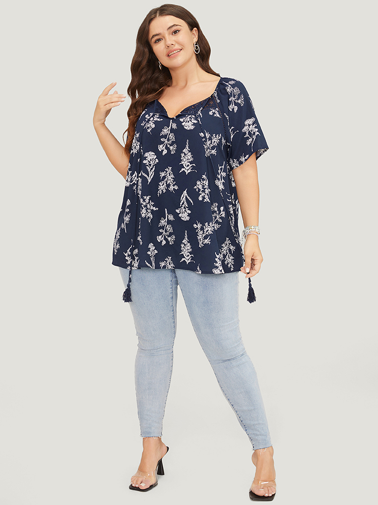 

Plus Size Indigo Floral Tassels Tie Neck Contrast Lace Blouse Women Elegant Short sleeve Tie Neck Dailywear Blouses BloomChic