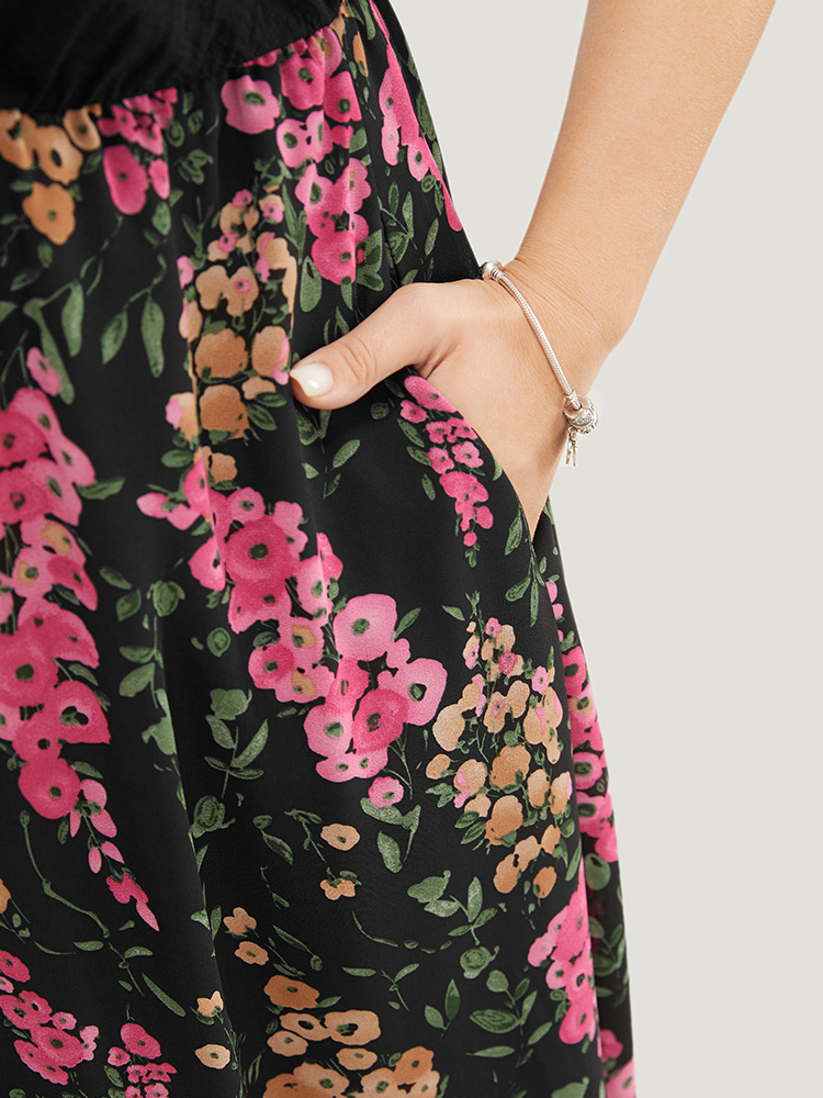 Plus Size Floral Patchwork Pocket Flutter Hem Wrap Tank Dress Black Women Vacation Wrap V-neck Sleeveless Curvy Midi Dress BloomChic 12/L 