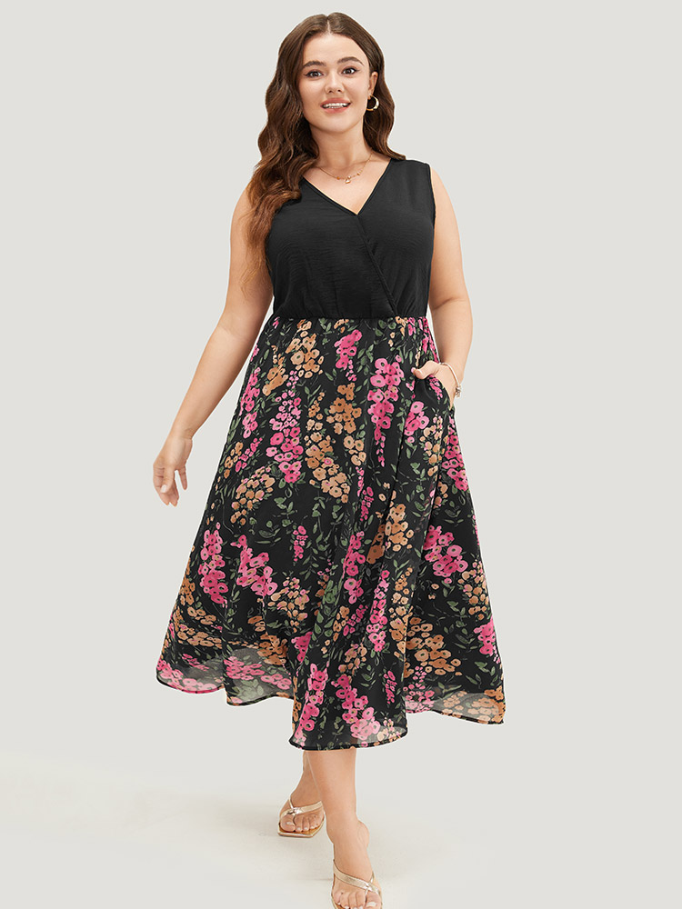 Plus Size Floral Patchwork Pocket Flutter Hem Wrap Tank Dress Black Women Vacation Wrap V-neck Sleeveless Curvy Midi Dress BloomChic 12/L 