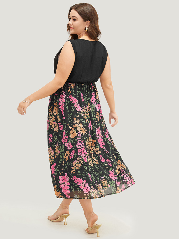 Plus Size Floral Patchwork Pocket Flutter Hem Wrap Tank Dress Black Women Vacation Wrap V-neck Sleeveless Curvy Midi Dress BloomChic 12/L 