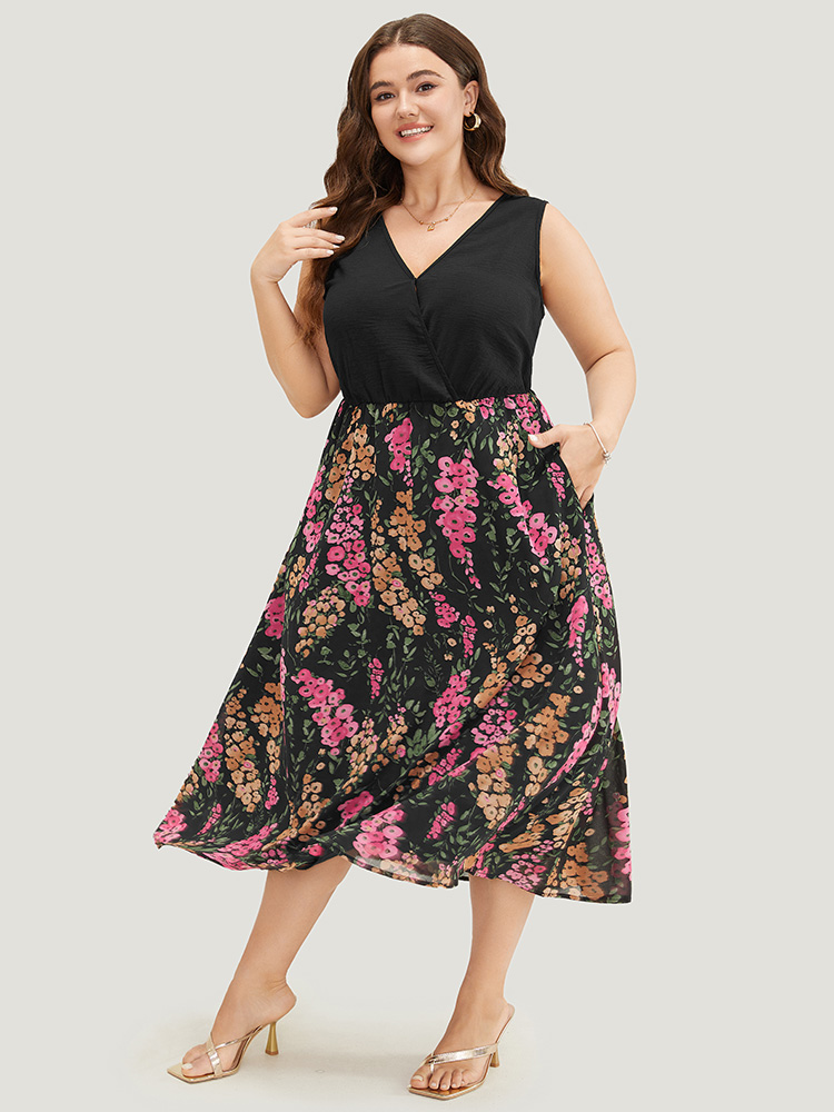 Plus Size Floral Patchwork Pocket Flutter Hem Wrap Tank Dress Black Women Vacation Wrap V-neck Sleeveless Curvy Midi Dress BloomChic 12/L 