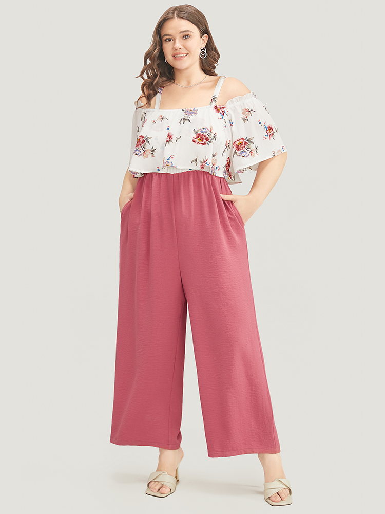 

Plus Size DustyPink Floral Patchwork Pocket Ruffle Trim Cold Shoulder Jumpsuit Women Elegant Short sleeve Cold Shoulder Dailywear Loose Jumpsuits BloomChic