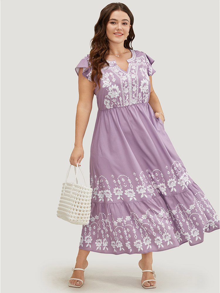 

Plus Size Bandana Cap Sleeve Notched Neck Pocket Flutter Hem Dress Mauve Women Vacation Elastic Waist Notched collar Cap Sleeve Curvy Midi Dress BloomChic