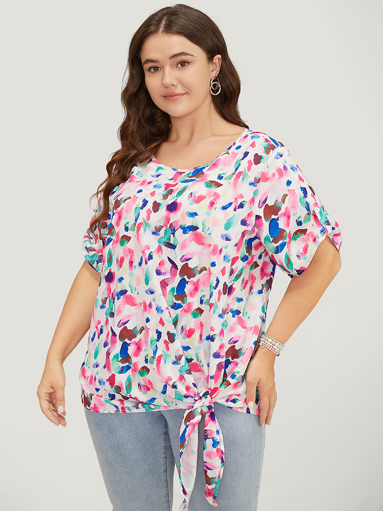 

Plus Size Multicolor Allover Print Contrast Knotted Hem Cuffed Sleeve Blouse Women Elegant Short sleeve Round Neck Dailywear Blouses BloomChic