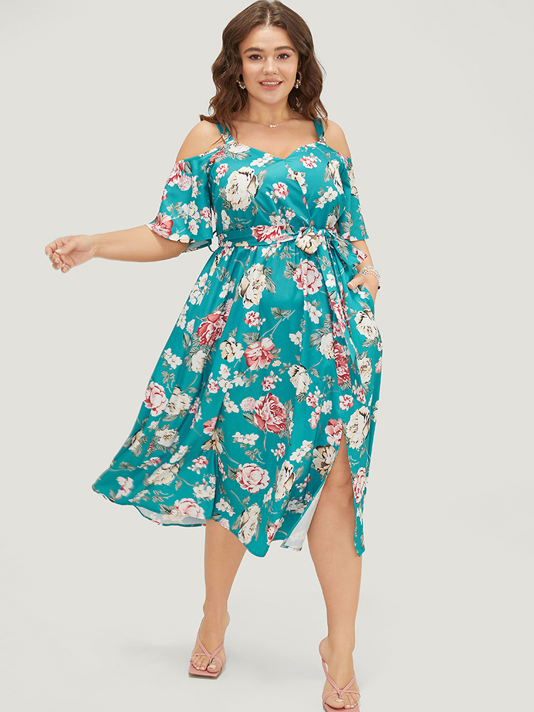 

Plus Size Floral Belted Flutter Hem Pocket Wrap Cold Shoulder Split Dress Emerald Women Elegant Adjustable Straps Cold Shoulder Short sleeve Curvy Midi Dress BloomChic