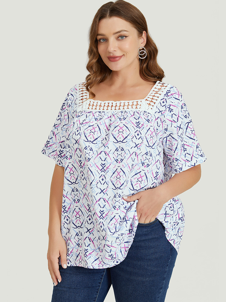 Plus Size Women Dailywear Geometric Patchwork Regular Sleeve Short sleeve Square Neck Elegant Blouses BloomChic 