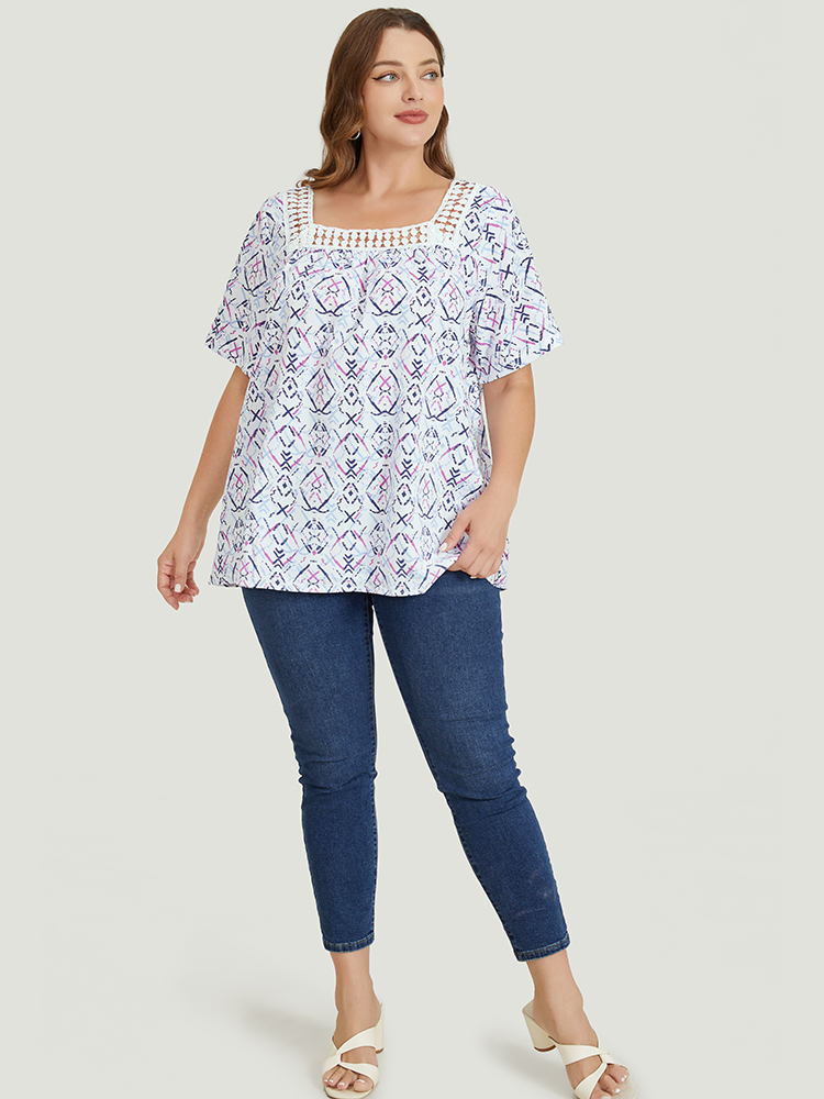 Plus Size Women Dailywear Geometric Patchwork Regular Sleeve Short sleeve Square Neck Elegant Blouses BloomChic 