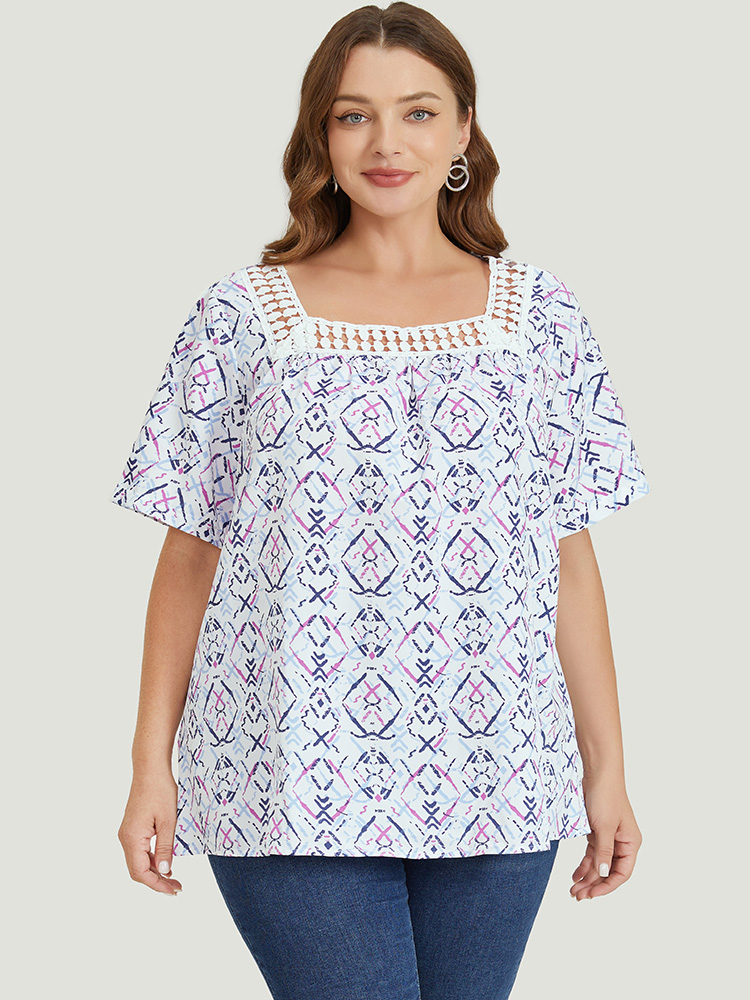 Plus Size Women Dailywear Geometric Patchwork Regular Sleeve Short sleeve Square Neck Elegant Blouses BloomChic 