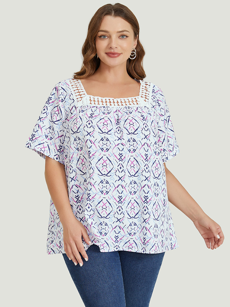 Plus Size Women Dailywear Geometric Patchwork Regular Sleeve Short sleeve Square Neck Elegant Blouses BloomChic 