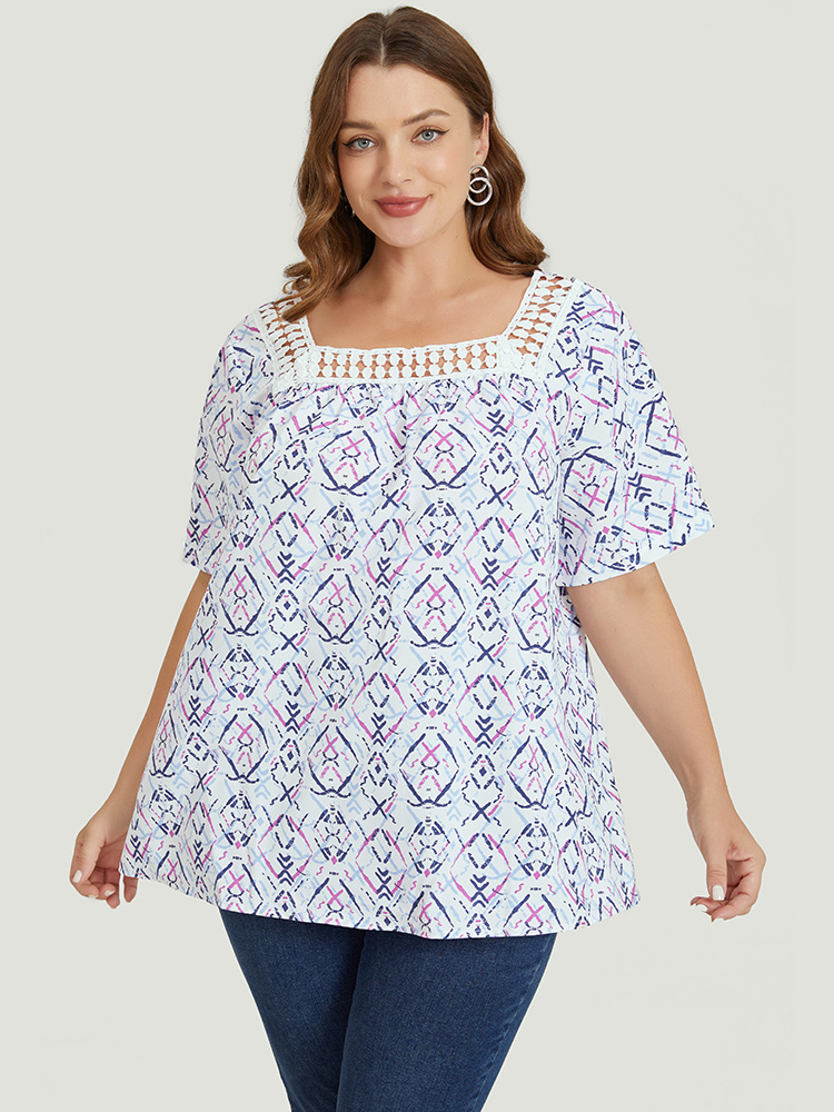 Plus Size Women Dailywear Geometric Patchwork Regular Sleeve Short sleeve Square Neck Elegant Blouses BloomChic 