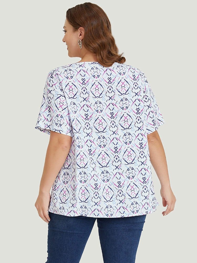 Plus Size Women Dailywear Geometric Patchwork Regular Sleeve Short sleeve Square Neck Elegant Blouses BloomChic 