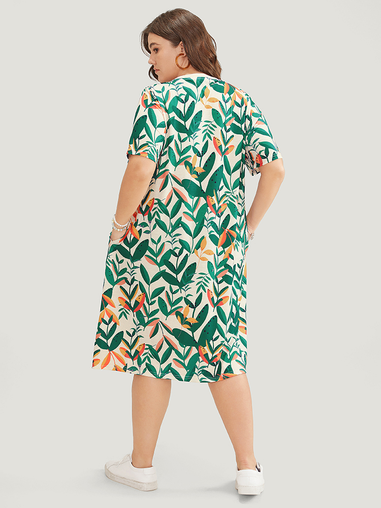 Plus Size Plant Print Pocket V Neck Ruffle Midi Dress Green Women Casual Pocket V-neck Short sleeve Curvy Midi Dress BloomChic 10/M 