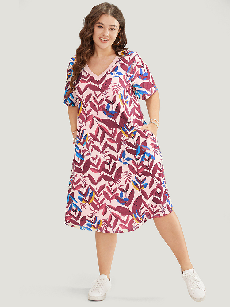 

Plus Size Plant Print Pocket V Neck Ruffle Midi Dress Magenta Women Casual Pocket V-neck Short sleeve Curvy Midi Dress BloomChic