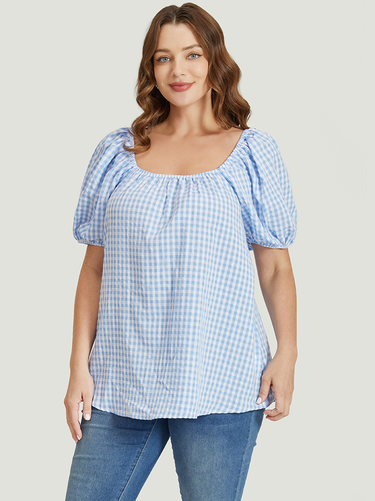 

Plus Size LightBlue Gingham Print Square Neck Puff Sleeve Blouse Women Vacation Short sleeve Square Neck Dailywear Blouses BloomChic