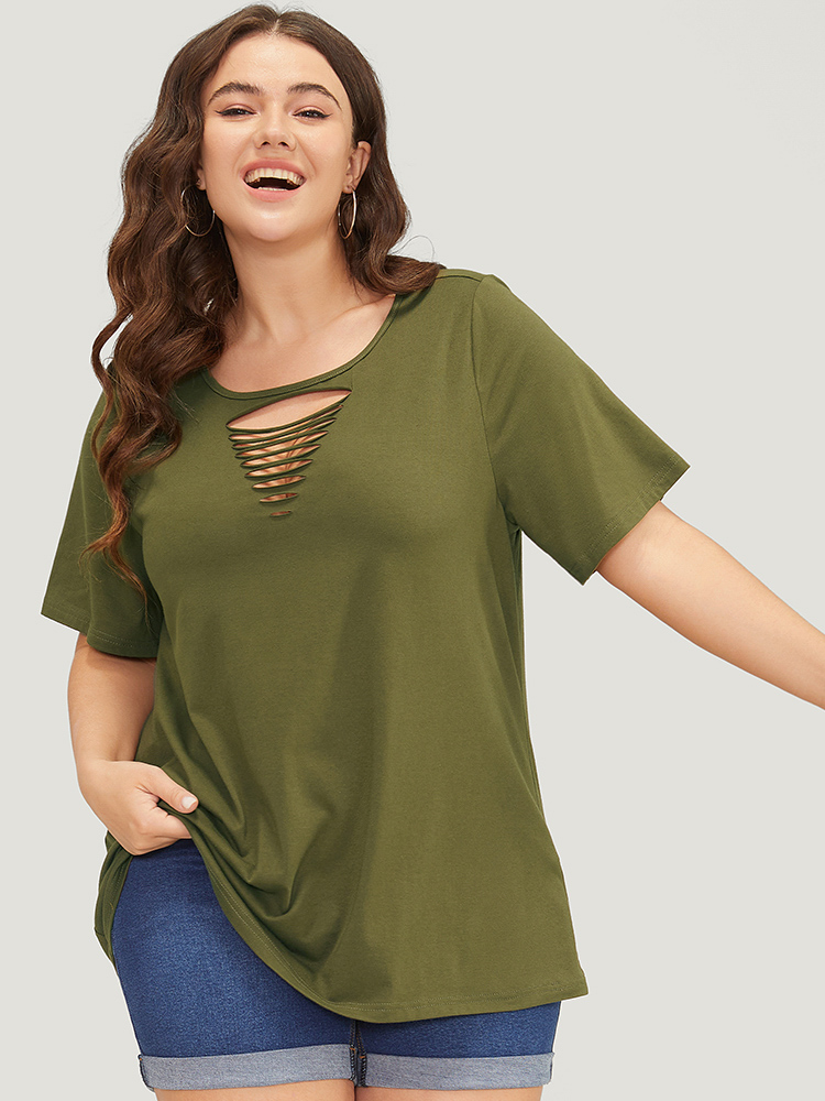 

Plus Size Plain Cut Out Short Sleeve T-shirt ArmyGreen Women Casual Cut-Out Plain Round Neck Dailywear T-shirts BloomChic