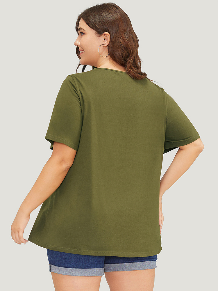 Plus Size Plain Cut Out Short Sleeve T-shirt ArmyGreen Women Casual Cut-Out Plain Round Neck Dailywear T-shirts BloomChic 12/L 