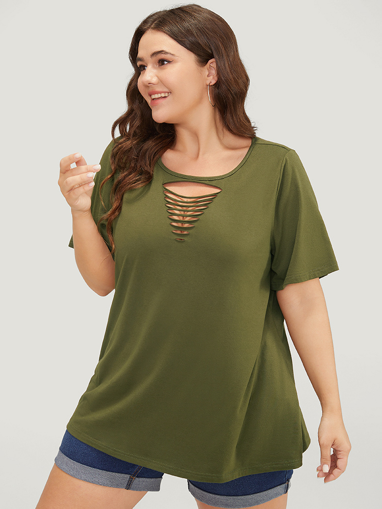Plus Size Plain Cut Out Short Sleeve T-shirt ArmyGreen Women Casual Cut-Out Plain Round Neck Dailywear T-shirts BloomChic 12/L 