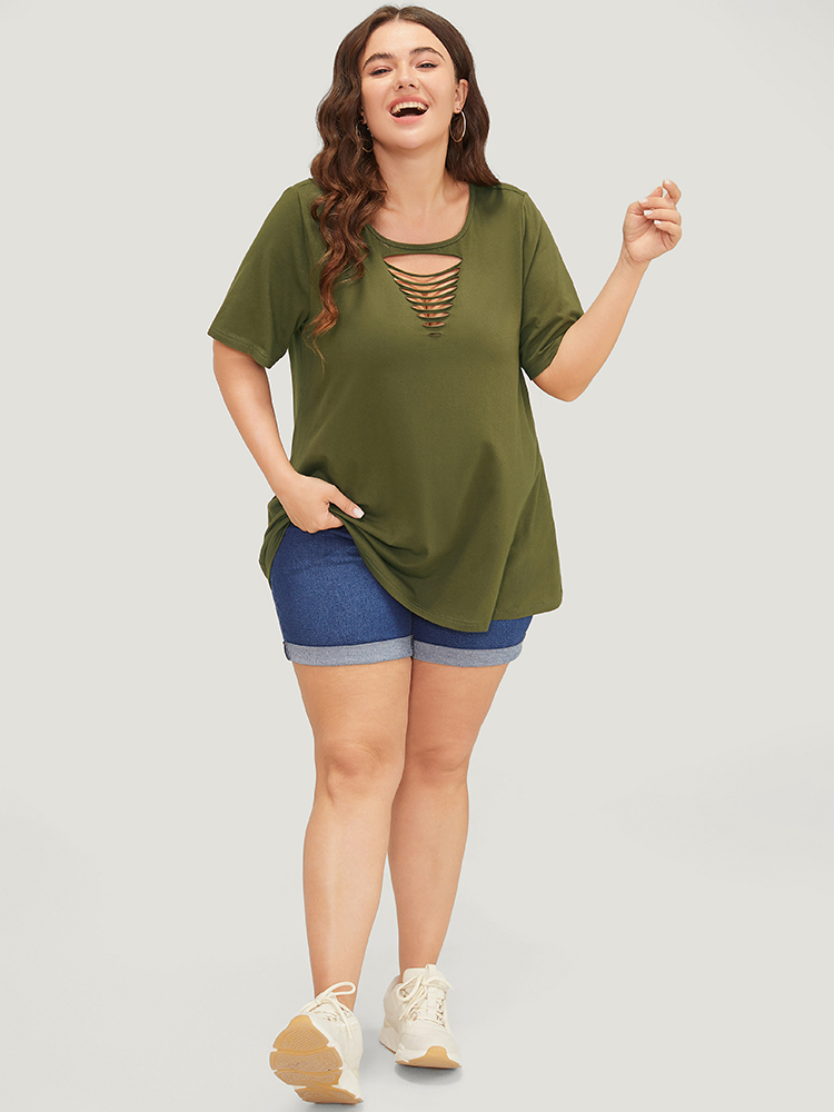 Plus Size Plain Cut Out Short Sleeve T-shirt ArmyGreen Women Casual Cut-Out Plain Round Neck Dailywear T-shirts BloomChic 12/L 