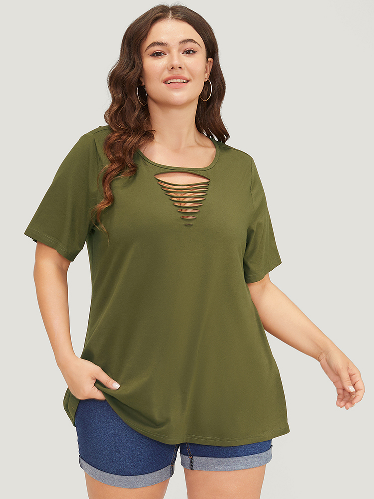 Plus Size Plain Cut Out Short Sleeve T-shirt ArmyGreen Women Casual Cut-Out Plain Round Neck Dailywear T-shirts BloomChic 12/L 