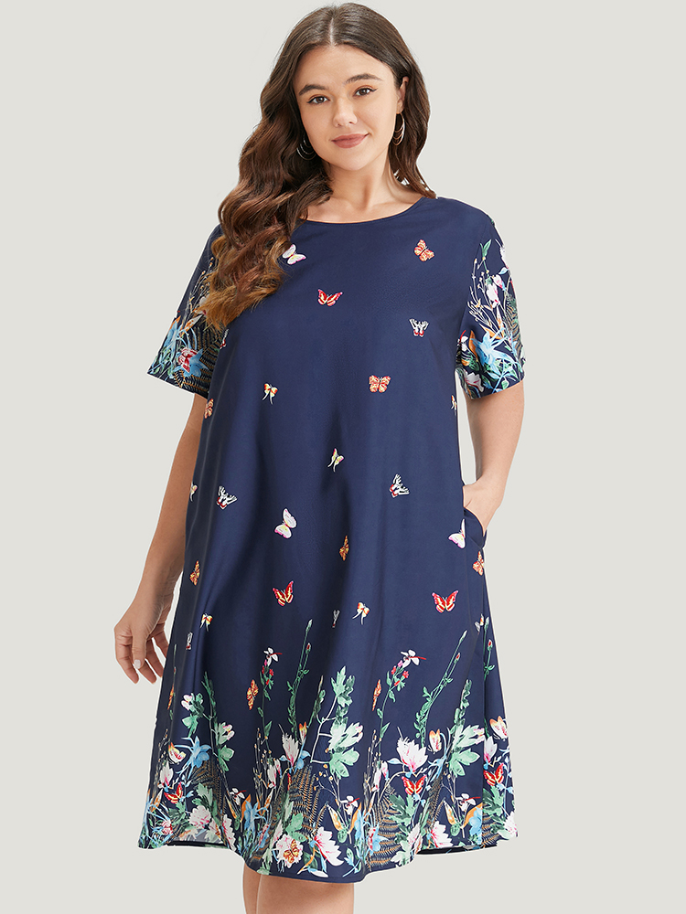 

Plus Size Butterfly & Floral Round Neck Print Pocket Knee Dress Indigo Women Vacation Pocket Round Neck Short sleeve Curvy Knee Dress BloomChic