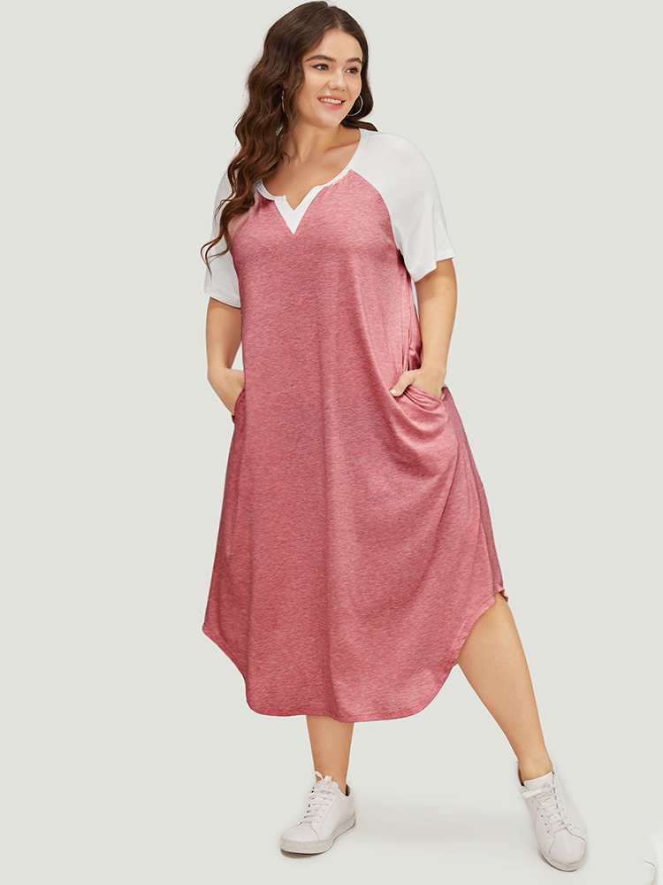 

Plus Size Colorblock Contrast Raglan Sleeve Pocket Notched Neck Dress Russet Women Contrast Notched collar Short sleeve Curvy Midi Dress BloomChic