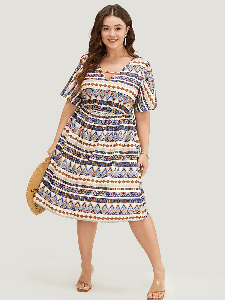 

Plus Size Bandana Print Pocket Ruffle Keyhole Knee Dress Multicolor Women Vacation Keyhole V-neck Short sleeve Curvy Knee Dress BloomChic