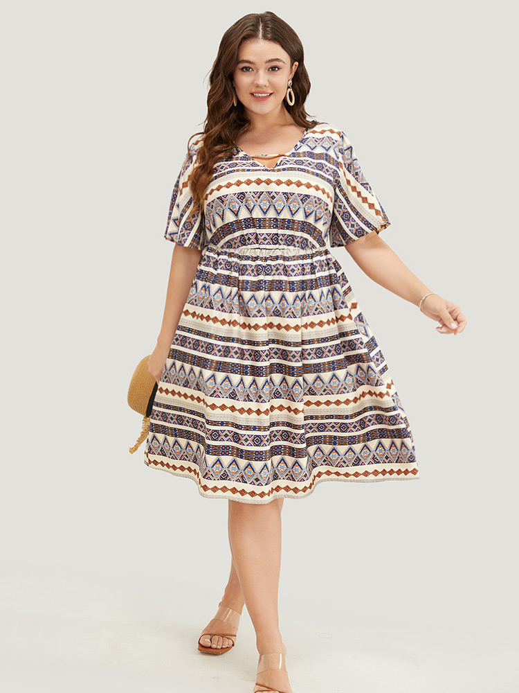Plus Size Women Dailywear Bohemian Print Keyhole Ruffle Sleeve Short sleeve V-neck Pocket Vacation Dresses BloomChic 