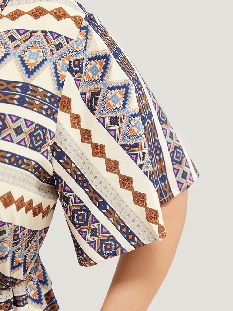 Plus Size Women Dailywear Bohemian Print Keyhole Ruffle Sleeve Short sleeve V-neck Pocket Vacation Dresses BloomChic 