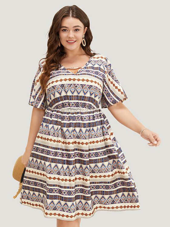 Plus Size Women Dailywear Bohemian Print Keyhole Ruffle Sleeve Short sleeve V-neck Pocket Vacation Dresses BloomChic 