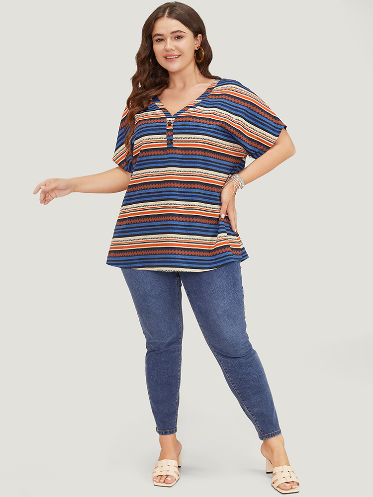 Plus Size Women Dailywear Striped Contrast Dolman Sleeve Short sleeve V-neck Elegant Blouses BloomChic 