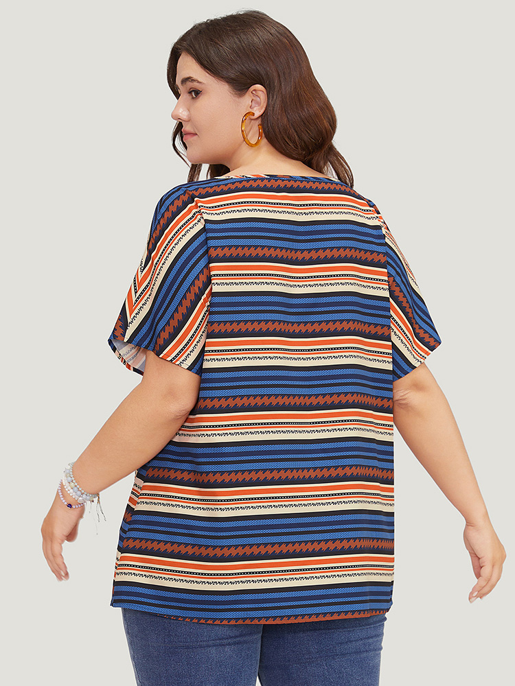 Plus Size Women Dailywear Striped Contrast Dolman Sleeve Short sleeve V-neck Elegant Blouses BloomChic 