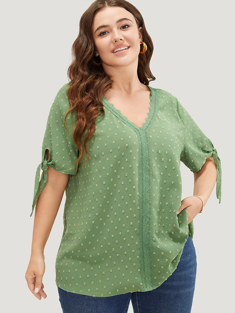 Bloomchic Polka Dot Knotted Sleeve Lace Blouse In Multi