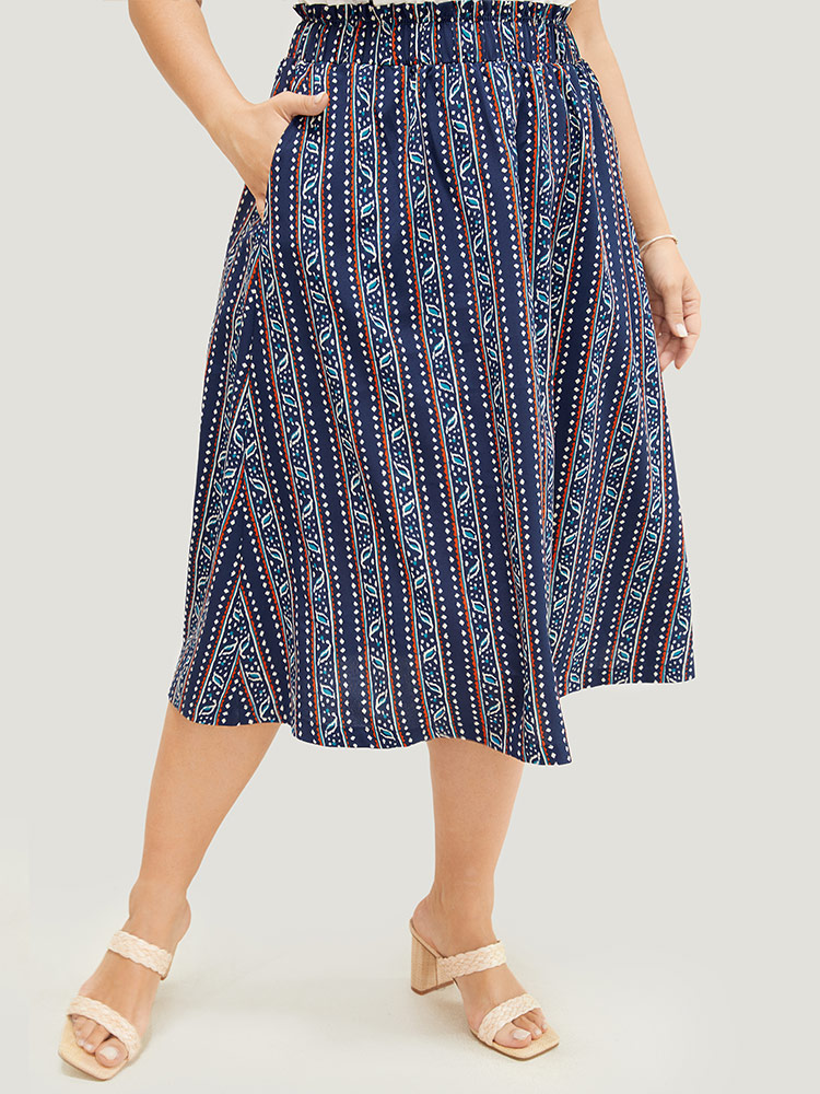 

Plus Size Striped Print Pocket Paperbag Waist Skirt Women Indigo Vacation No stretch Pocket Dailywear Skirts BloomChic