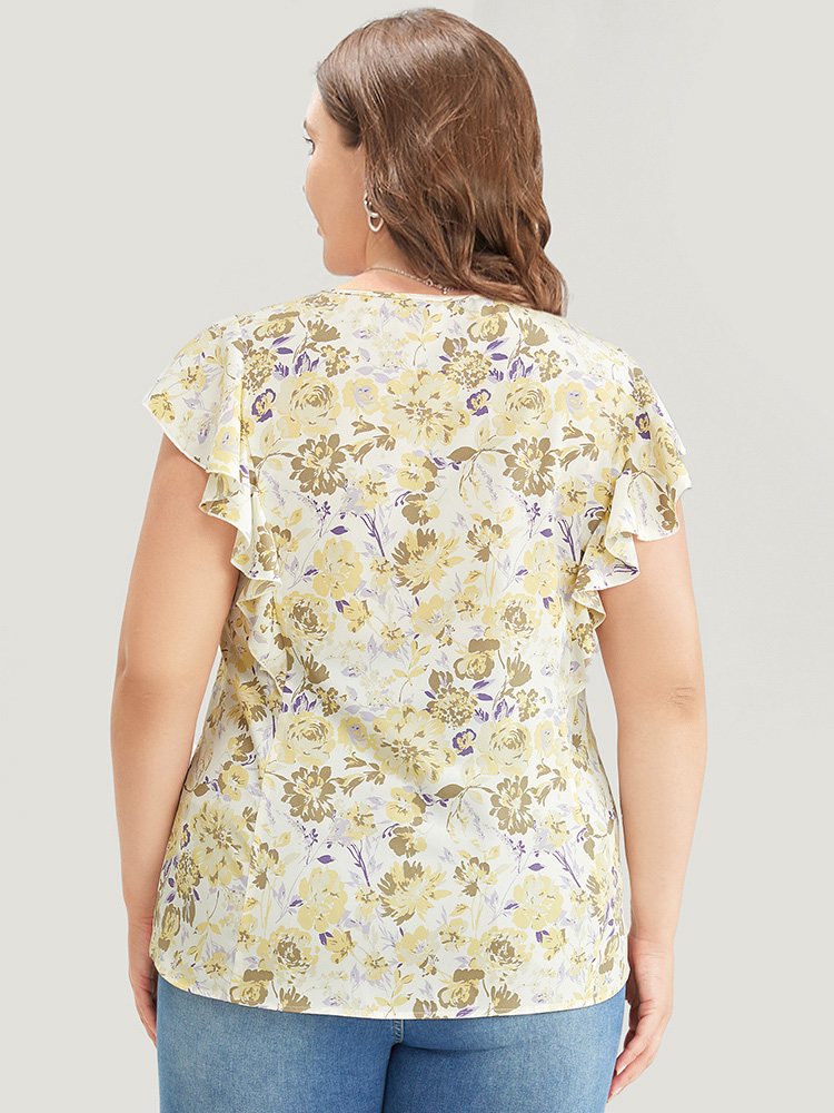 Plus Size White Floral Print V Neck Ruffle Trim Cap Sleeve Blouse Women Elegant Cap Sleeve V-neck Dailywear Blouses BloomChic 18-20/2X 