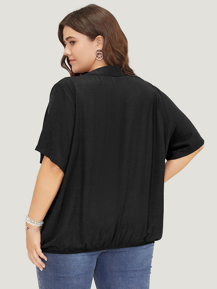 

Plus Size Black Plain Pleated Surplice Neck Blouse Women Office Short sleeve V-neck Work Blouses BloomChic