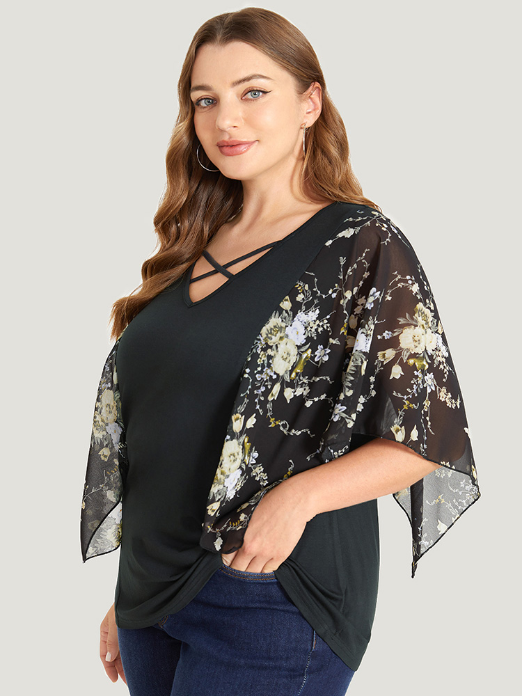 

Floral Mesh Dolman Sleeve Crisscross V Neck T-shirt, Blackflower