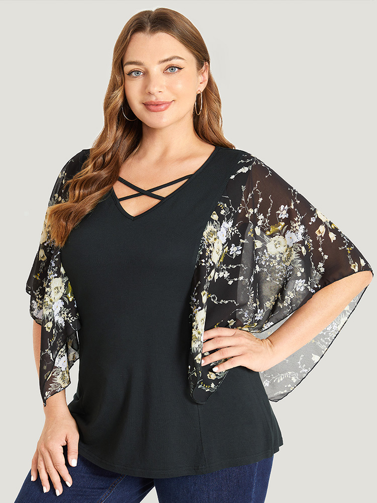

Plus Size Floral Mesh Dolman Sleeve Crisscross V Neck T-shirt BlackFlower Women Elegant Plain Round Neck Dailywear T-shirts BloomChic