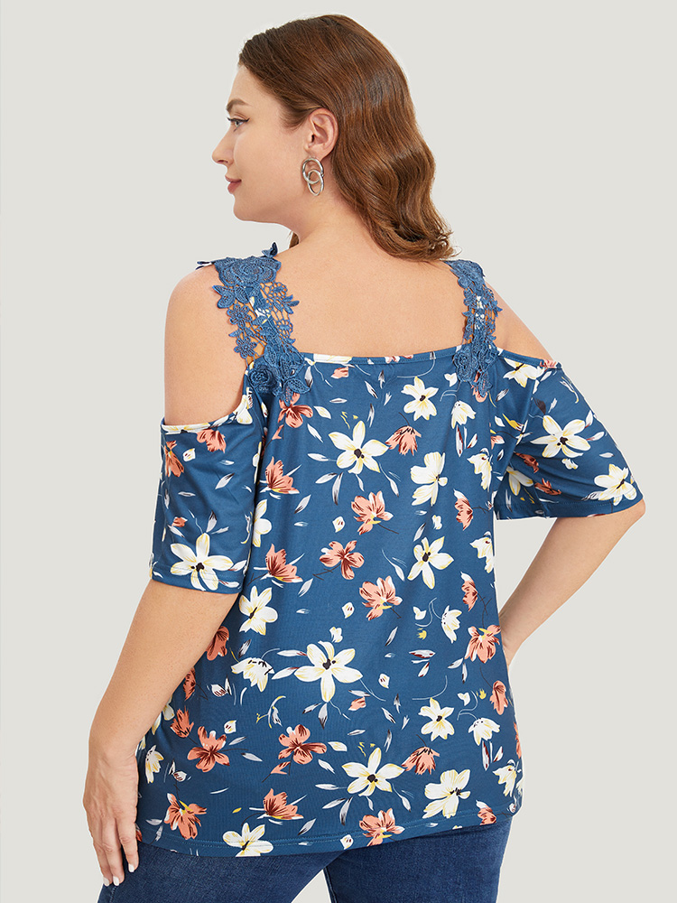 

Floral Guipure Lace Cold Shoulder T-shirt, Navy