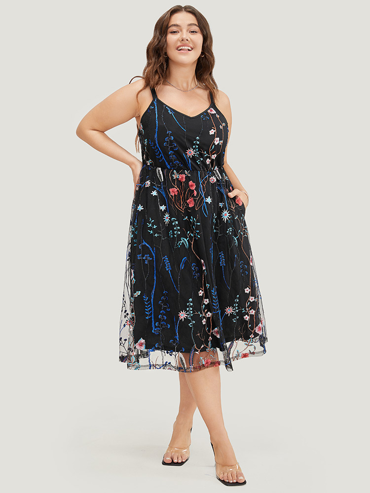 

Plus Size Floral Embroidered Mesh Ruffle Hem Pocket Cami Dress DarkBlue Women Glamour Lined Spaghetti Strap Sleeveless Curvy Midi Dress BloomChic