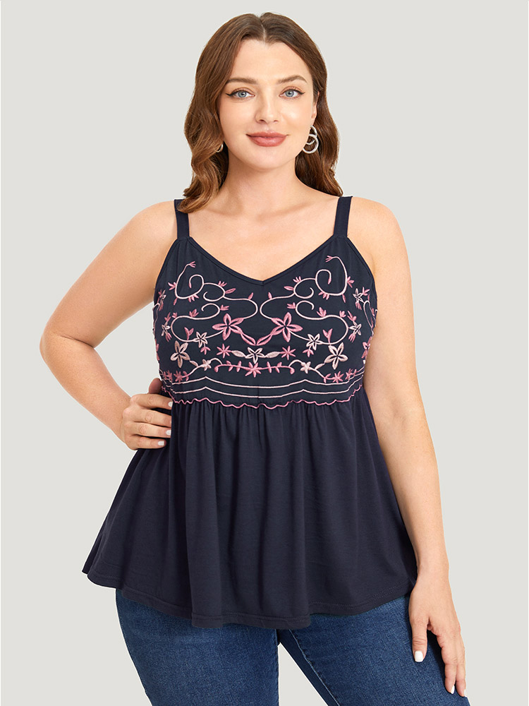 

Plus Size Floral Embroidered Ruffle Hem Cami Top Women Indigo Elegant Gathered V-neck Vacation Tank Tops Camis BloomChic