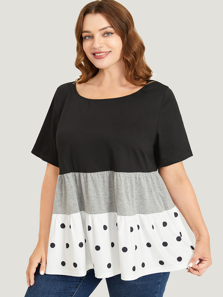 

Plus Size Colorblock Contrast Ruffle Tiered Polka Dot T-shirt DarkGray Round Neck Short sleeve Elegant Jersey Tops