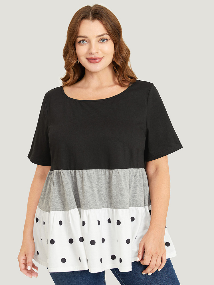 

Plus Size Colorblock Contrast Ruffle Tiered Polka Dot T-shirt DarkGray Round Neck Short sleeve Elegant Jersey Tops