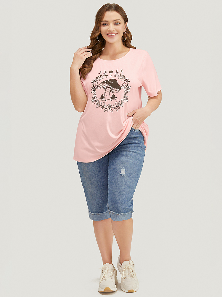 Plus Size Mushroom & Moon Print Short Sleeve Crew Neck T-shirt MistyRose Women Casual Natural Flowers Dailywear T-shirts BloomChic 14-16/1X 