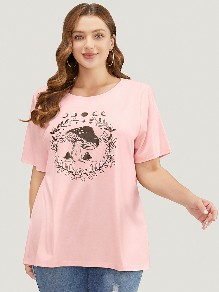 Plus Size Mushroom & Moon Print Short Sleeve Crew Neck T-shirt MistyRose Women Casual Natural Flowers Dailywear T-shirts BloomChic 14-16/1X 