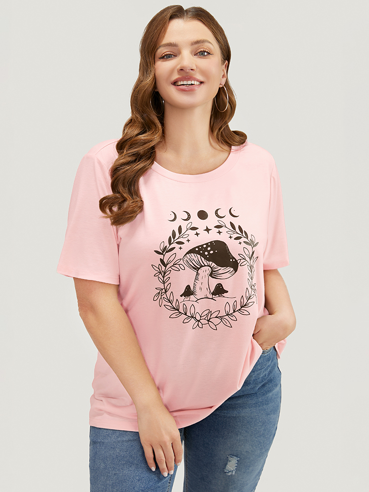 Plus Size Mushroom & Moon Print Short Sleeve Crew Neck T-shirt MistyRose Women Casual Natural Flowers Dailywear T-shirts BloomChic 14-16/1X 