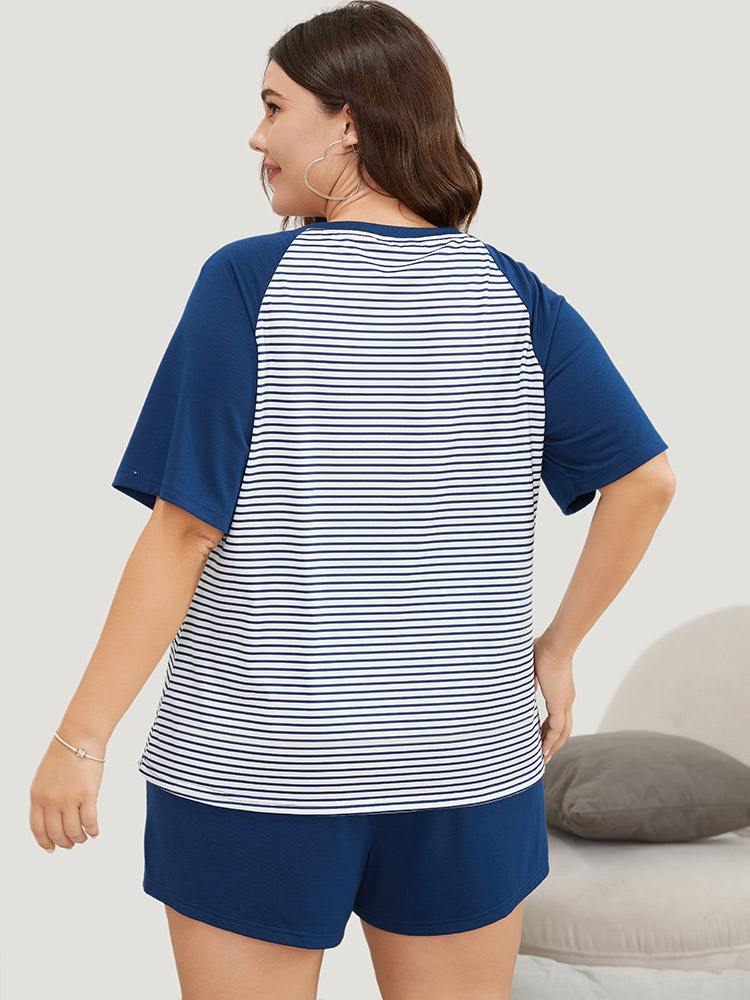 

Plus Size Striped Patchwork Raglan Sleeve Sleep Top Indigo Striped Short sleeve Round Neck Casual  Bloomchic