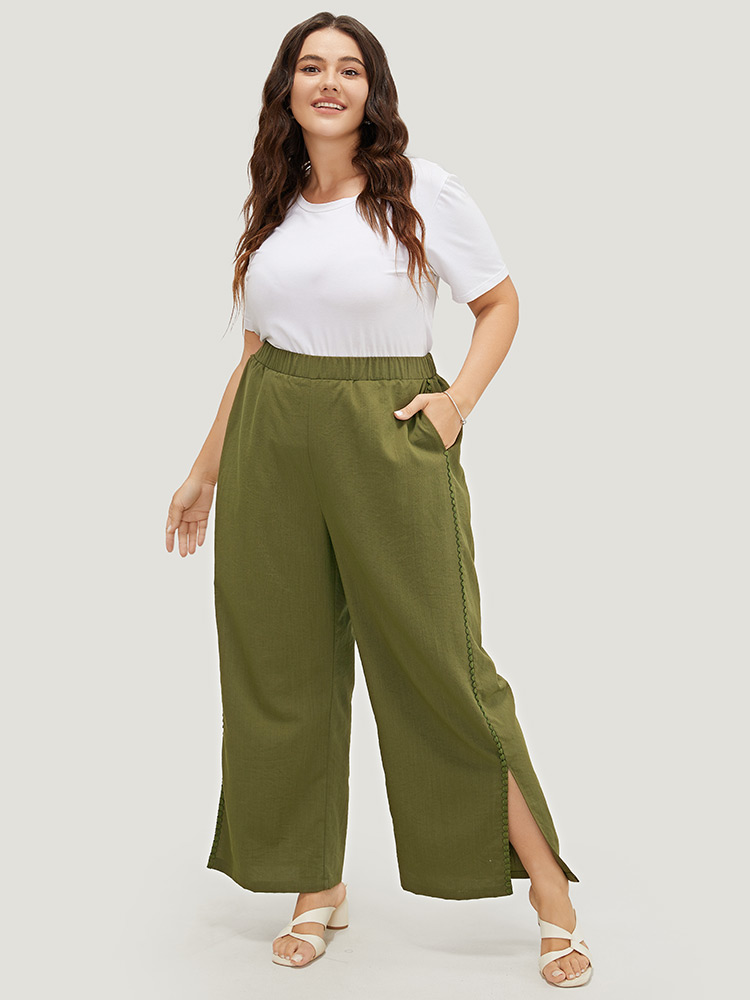 

Plus Size Plain Pocket Elastic Waist Pompom Detail Split Pants Women ArmyGreen Elegant Mid Rise Dailywear Pants BloomChic